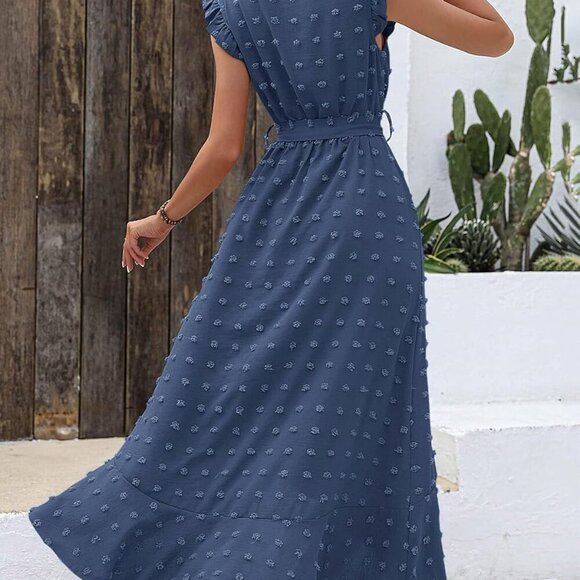 Women V Neck Summer Dress 2025 Cap Sleeve Swiss Dot Boho Flowy Ruffle Slit Beach - Picture 4 of 6